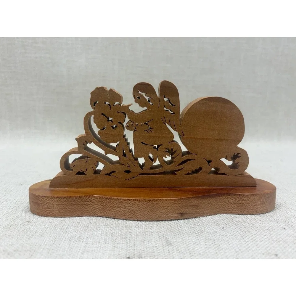 Vintage Hand‎ Carved Wood Angel Desk Clock Quartz Floral Scrollwork Decor